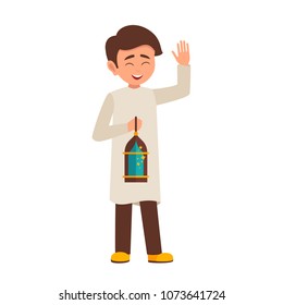 Cartoon Moslem boy celebrating Ramadan with a beautiful burning lamp in his hand. Vector illustration isolated from white background