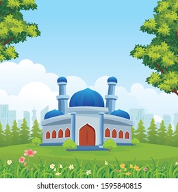 Cartoon mosque with nature landscape, green yard, grass, tree, cloud, mountain and bright sky