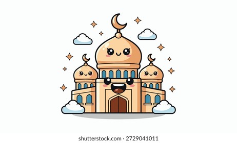 Uma mesquita de desenhos animados com rosto sorridente e lua crescente no topo, cercada por nuvens e estrelas.
