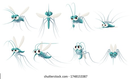 Cartoon Mosquito. Angry Forest Flying Mosquitoes, Scared And Dead Insect. Mosquito Drinking Blood Vector Illustration Set. Mosquito Insect, Cartoon Gnat Character Collection, Wildlife Pest