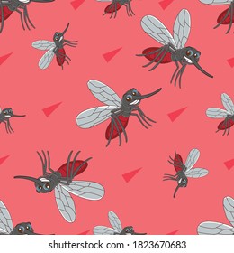 Cartoon Mosquito. Animal Seamless Vector Pattern Design Background