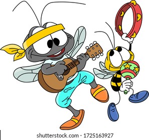 Cartoon mosquito and bee playing guitar and tambourine, making music together vector illustration