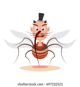 Cartoon mosquito smiles and makes a bite. Illustration in flat style. Isolated
