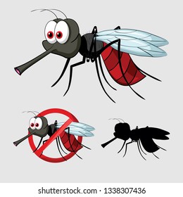 cartoon mosquito with stop mosquito sign and silhouette