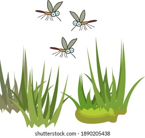 Cartoon mosquitoes flying over green grass isolated on white background