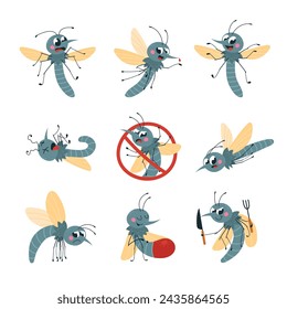 Mosquitos de dibujos animados. Aislado mosquito divertido en varias poses. Insecto vampiro estacional, cogollos voladores. Parásito del bosque, personajes vectoriales con clase