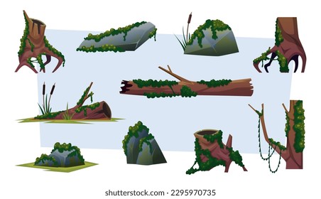 Cartoon moss. Forest plants cartoon game assets exact vector pictures collection