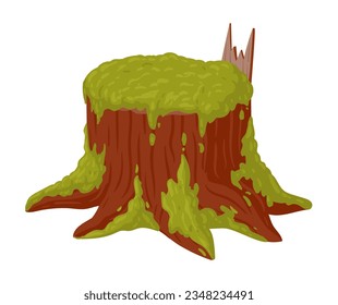 Cartoon moss growing on stump. Swamp moss on rotten stump, rainy forest lichen plants flat vector illustration on white background