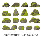 Cartoon moss on stones. Jungle moss plants grows on grey rocks, green creeping lichen creeps on stones flat vector illustration set. Swamp moss growing on rocks