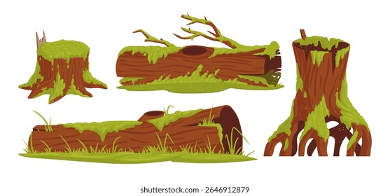 Plantas de musgo de desenhos animados em troncos de madeira. Pântano de musgo verde, líquen floresta chuvosa e plantas de fungo crescendo em madeira podre cartazes plana vetor ilustração conjunto. Coleção de plantas de musgo