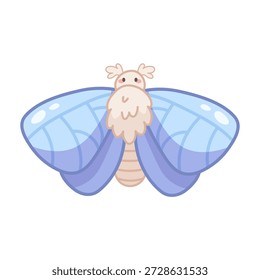 Polilla de dibujos animados con alas azules. Icono de Vector, ilustración de contorno de estilo de dibujos animados. Insecto aislado en el fondo blanco para los diseños y las pegatinas de los niños
