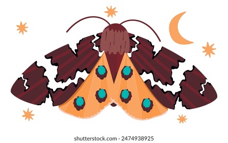 Cartoon moth isolated on white background.Magic flying insect with animal pattern.Mystic symbol and occult,witchcraft signs.Vector colorful design for magical card,boho poster,t shirt print,sticker.