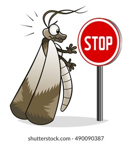 Cartoon moth watching on stop sign. Stop pest conception.