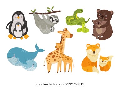 Cartoon mother animals. Animal baby hugging mom, cute sloth, bear, snake and fox. Adorable wild babies, forest child. Childish neoteric vector characters