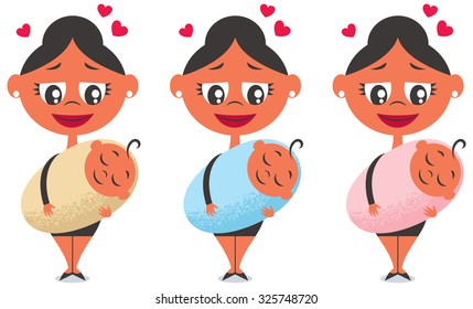 Cartoon mother and baby in 3 color versions for boy girl and unknown baby.