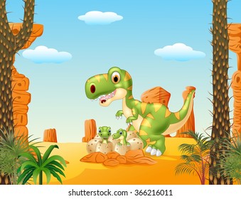 Cartoon Mother and baby dinosaur hatching with the desert background