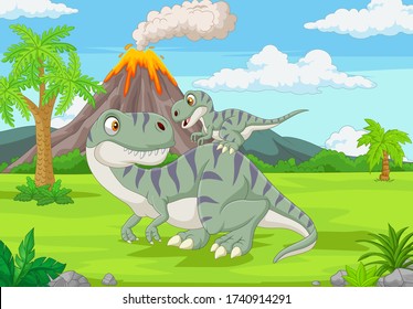 Cartoon mother and baby dinosaur in the jungle