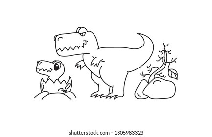 Cartoon mother and baby dinosaur t rex hand drawn outline, logo or sign dino t-rex.