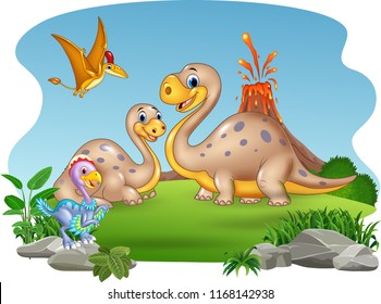 Cartoon mother and baby dinosaurs with nature background