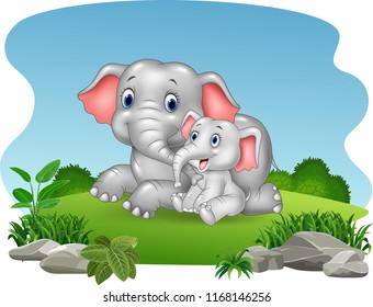 Cartoon Mother and baby elephant in the jungle