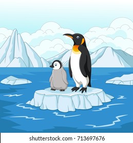 Cartoon mother and baby penguin on ice floe