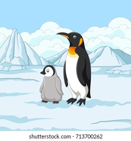 Cartoon mother and baby penguin on snowy field