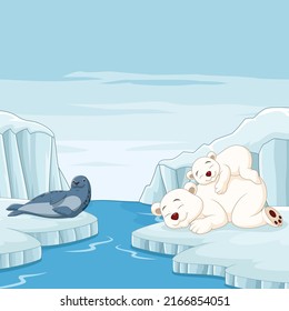 Cartoon mother and baby polar bear sleeps with seal in arctic background