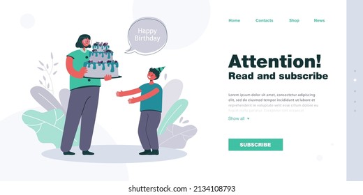 Cartoon mother with big cake wishing happy birthday to son. Smiling boy in party hat and woman celebrating event flat vector illustration. Family, love, celebration concept for banner or landing page