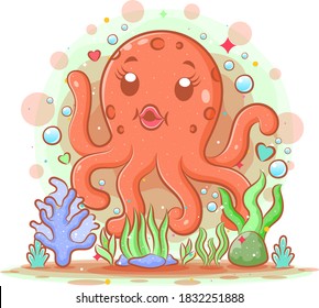 The cartoon of mother big octopus has six legs of illustration