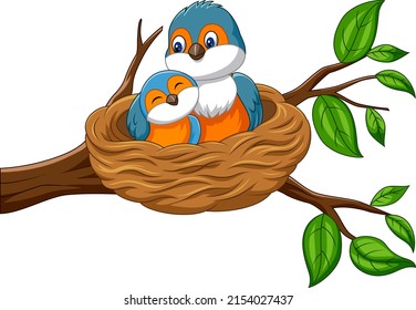 Cartoon mother bird with her baby in the nest