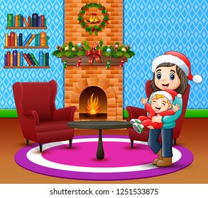 Cartoon of mother carrying baby boy in the living room
