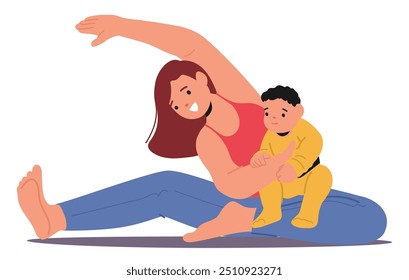 Cartoon Mother Character Is Doing Yoga Exercises And Stretching While Holding Her Baby. Parent-child Activity Promotes A Healthy, Active Lifestyle And Showcases Bonding, Fitness, And Family Time