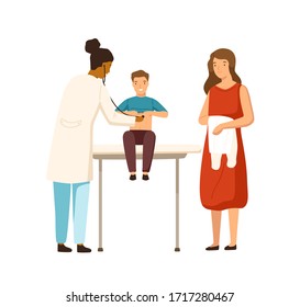 Cartoon Mother And Child Boy Visit Therapist At Clinic Vector Flat Illustration. Female Black Skin Doctor Examination Kid Use Stethoscope Isolated On White. Family At Consultation Of Pediatrician