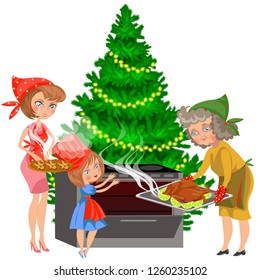Cartoon mother child and grandmother putting chicken in oven