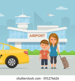 Cartoon mother and child with luggage on background airport terminal. Holidays and travel. Vector illustration family at modern airport building and taxi service transfer.