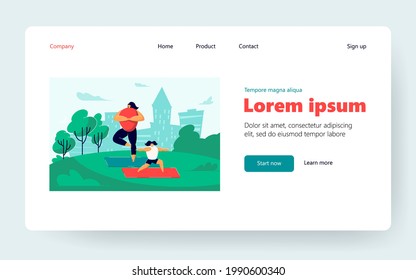 Cartoon mother and daughter doing family workout in park. Flat vector illustration. Woman and girl characters exercising outdoor, practicing fitness or yoga. Healthy lifestyle, sport, family concept