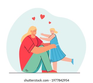 Cartoon mother and daughter hugging. Flat vector illustration. Woman sitting on floor and hugging little girl in blue dress. Family, care, love, parenthood concept for banner design or landing page