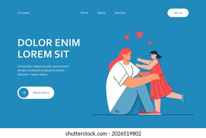 Cartoon mother and daughter hugging. Flat vector illustration. Woman sitting on floor and hugging little girl in blue dress. Family, care, love, parenthood concept for banner design or landing page