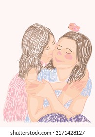 cartoon mother daughter hugging warm family love each other