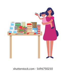 cartoon mother with daughter with market. food donation. vector illustration
