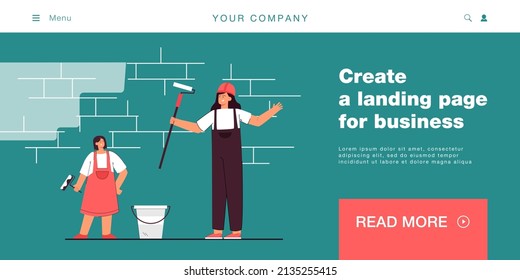Cartoon mother and daughter painting walls together. Woman and little girl with paint rollers renovating home flat vector illustration. Family, renovation concept for banner or landing web page