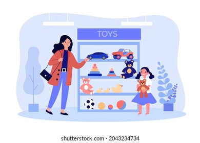 Madre e hija de caricatura recogiendo juguetes en la tienda. Mujer comprando juguetes para niñita con ilustración vectorial plana de oso de peluche. Concepto de familia, infancia, crianza para el diseño de sitios web o la página web de inicio