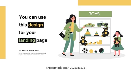 Cartoon mother and daughter picking toy in shop. Woman buying toys for little girl with teddy bear flat vector illustration. Family, childhood, parenting concept for website design or landing web page