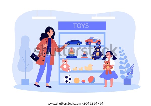 Cartoon mother and daughter picking toy in shop.\
Woman buying toys for little girl with teddy bear flat vector\
illustration. Family, childhood, parenting concept for website\
design or landing web\
page