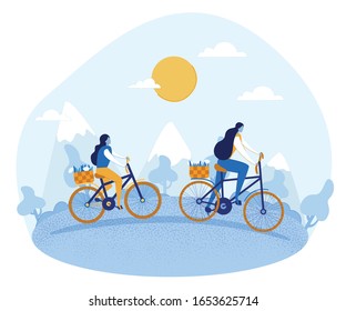 Cartoon Mother and Daughter Riding Bikes on Nature. Happy Family Members Get Ready for Picnic in Green Park or Forest. Young Women Cycling with Groceries Baskets. Vector lat Illustration