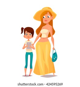Cartoon mother and daughter, vector illustration comic isolated on white background. mother and daughter walk together in summer, girl is writing something in phone