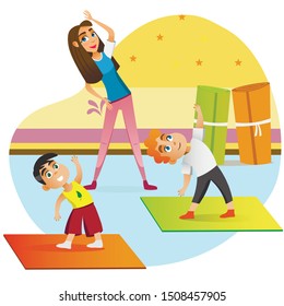 Cartoon Mother Doing Exercise With Children On Floor Mat Vector Illustration. Kid Practice Yoga Home Indoors. Woman Teaching Sport Training Boys. Family Pilates Gymnastics Practice