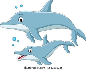 Cartoon mother dolphin swims with baby