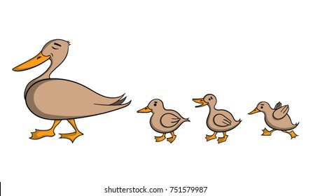 Cartoon mother duck with three baby ducks walking behind her