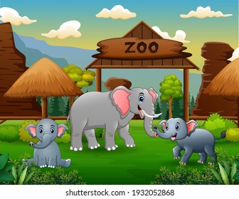 Cartoon a mother elephant with her cub in the opened zoo